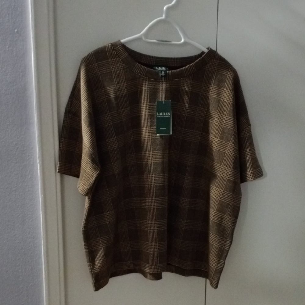 Ralph Lauren Women's Brown Plaid Short Sleeve Tee